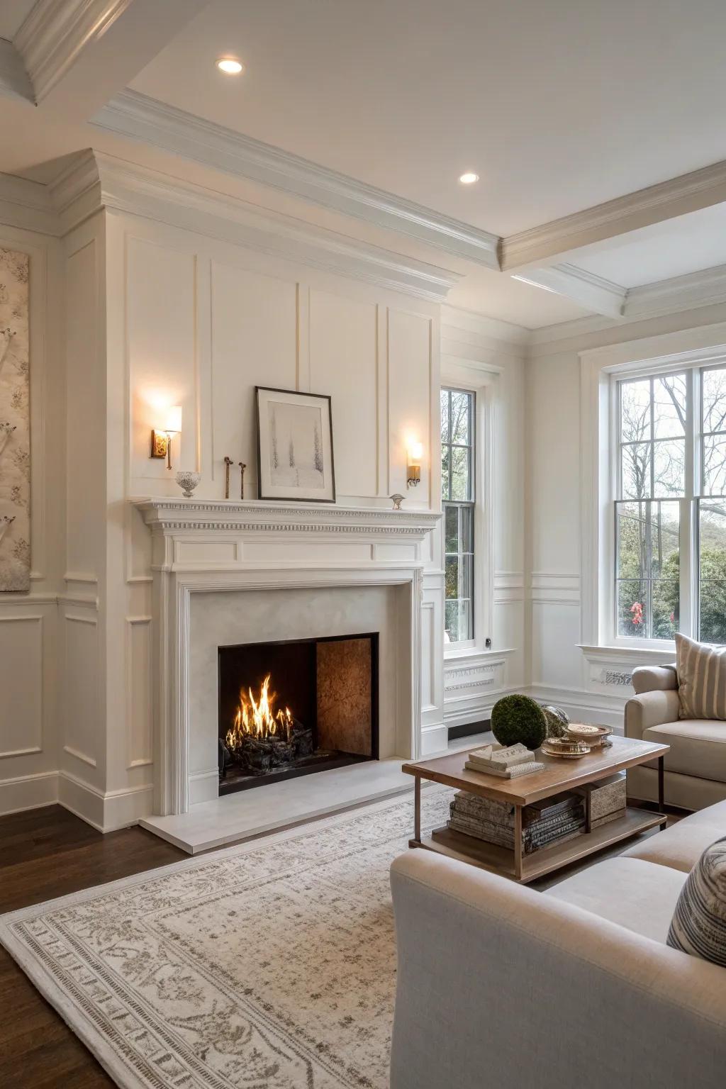 A fireplace painted in sync with the room’s walls.