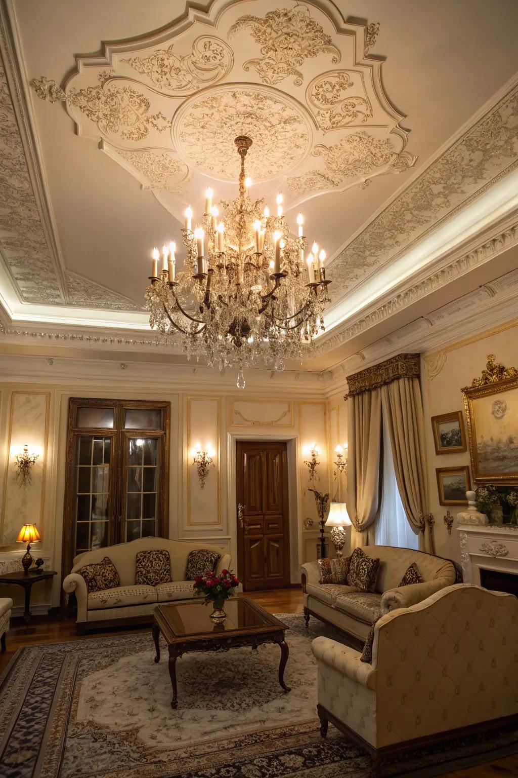 Elaborate touches such as chandeliers infuse character into a traditional family room.