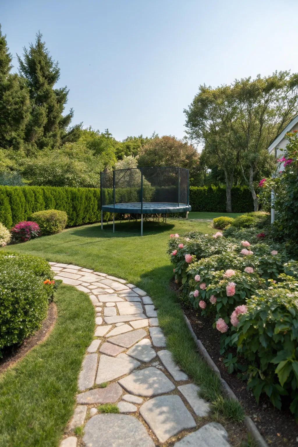 An enchanting stone path guiding visitors toward the bounce platform.