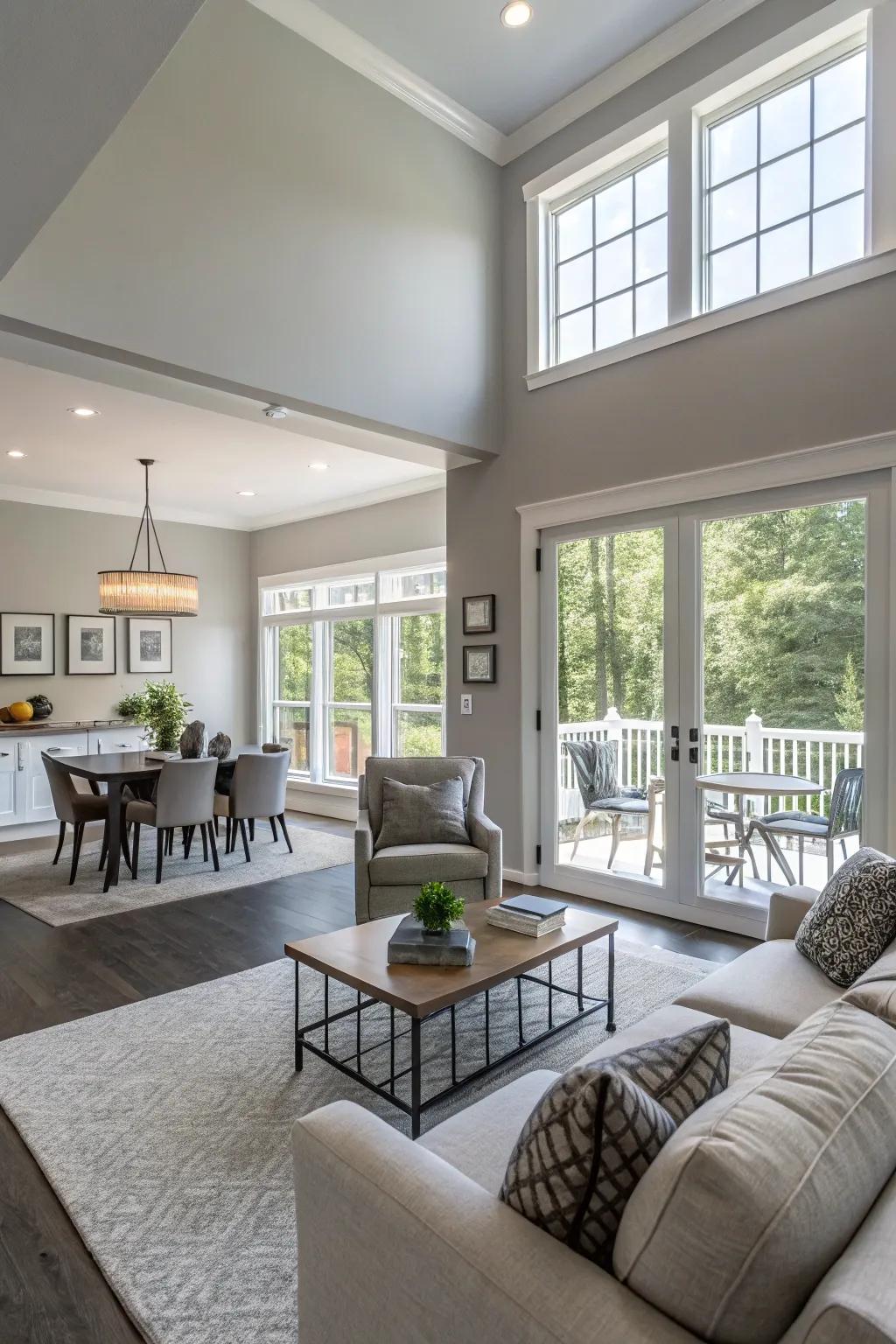 Spaces are seamlessly connected by neutral gray walls.