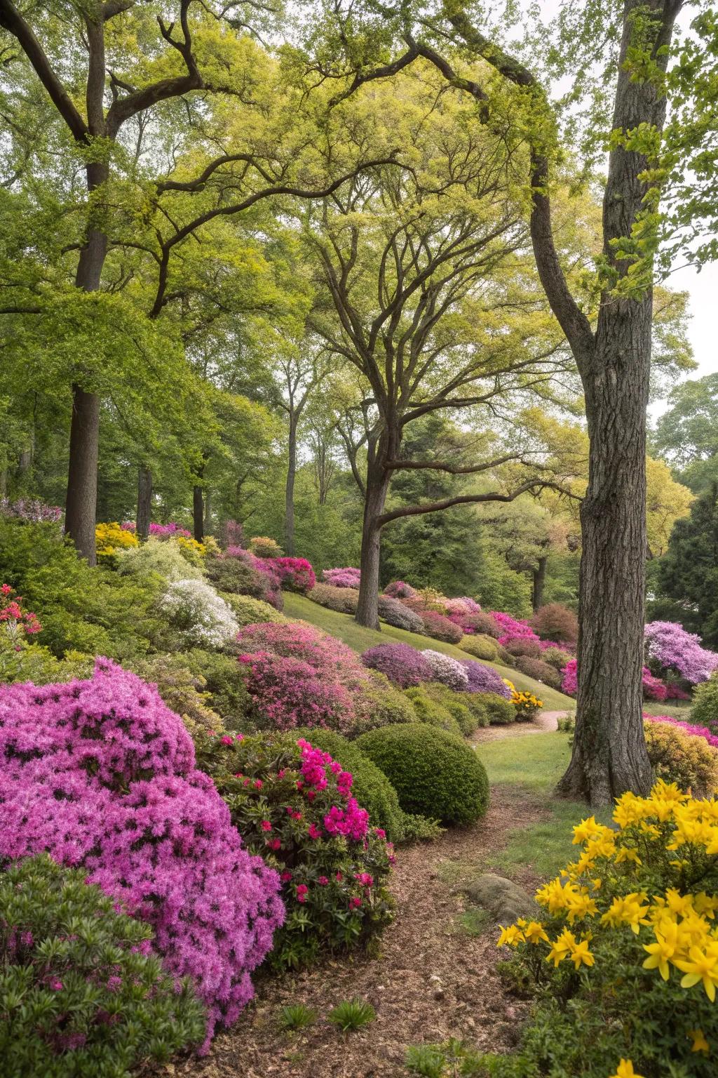 Add color and texture by combining trees with flowering plants.
