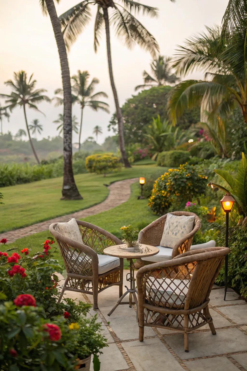 A snug seating space circled by tropical plants, best for kicking back.