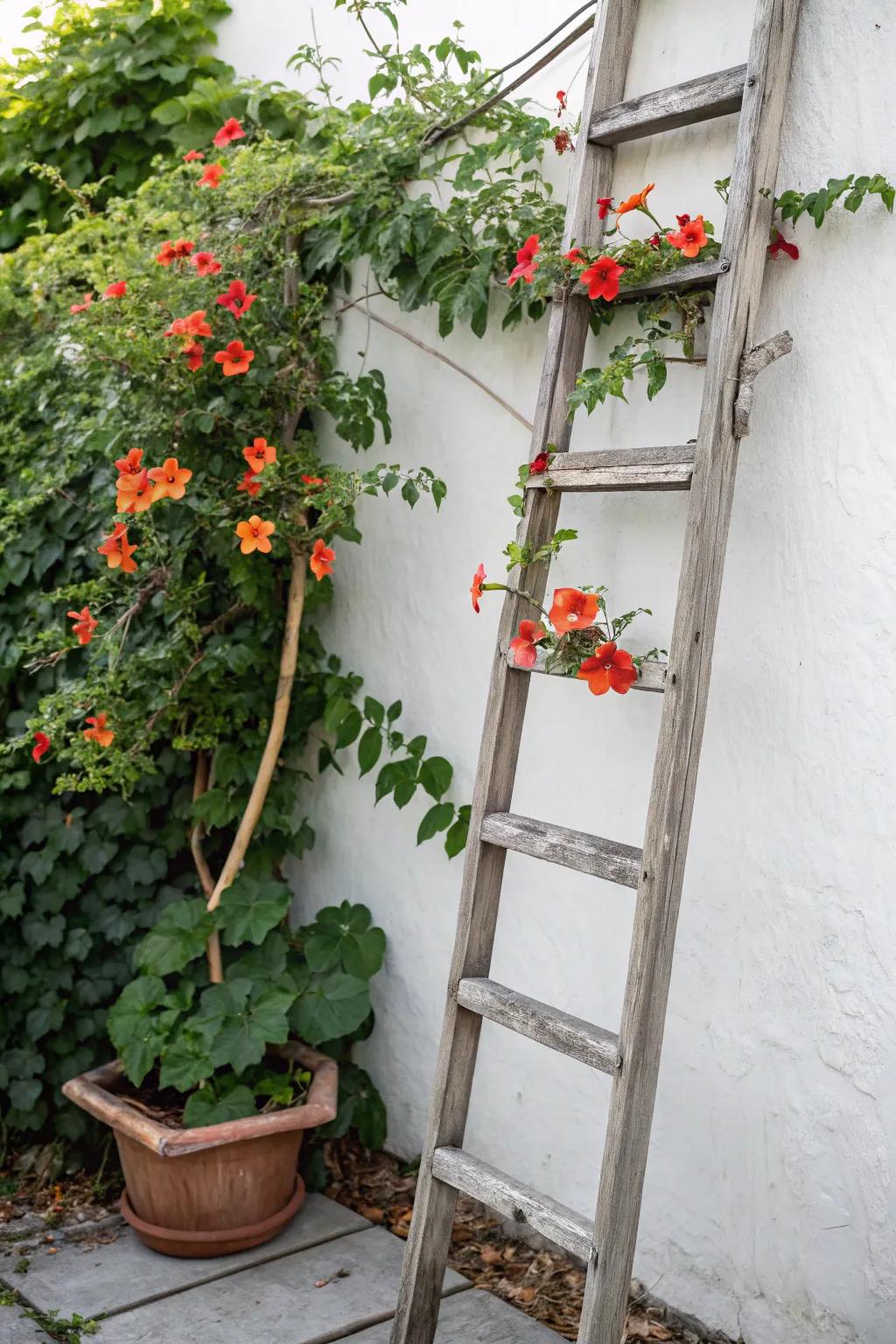 Embrace rustic elegance with an upcycled ladder trellis, where sustainability meets artistic charm.