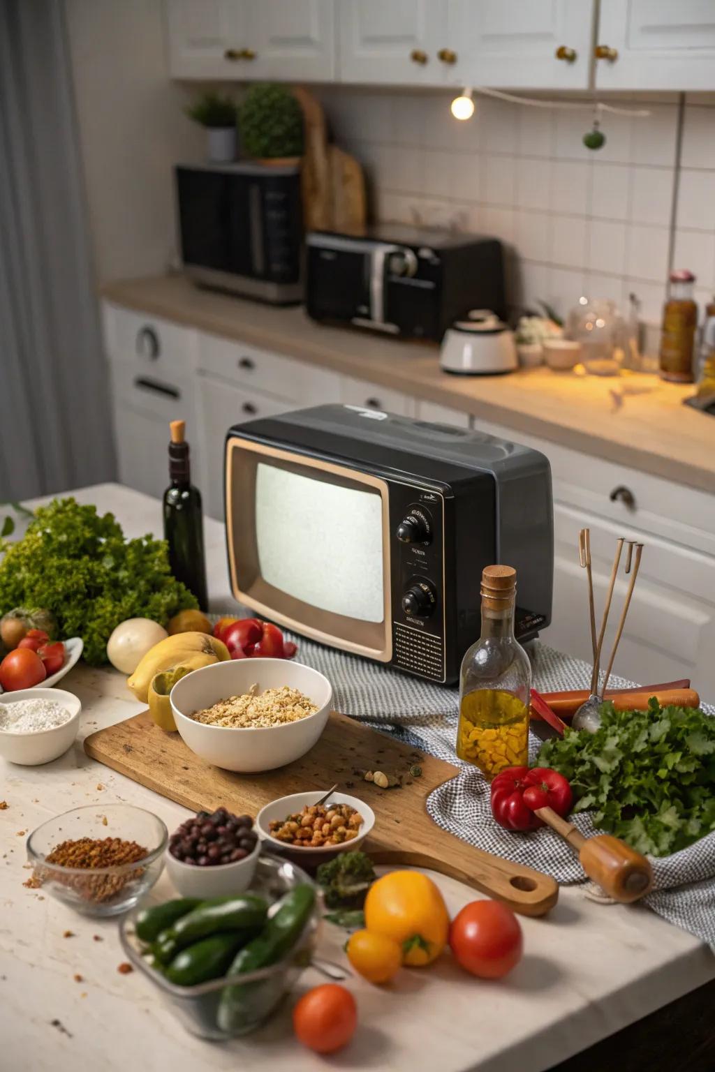 A compact TV on the kitchen counter for convenient viewing while cooking.