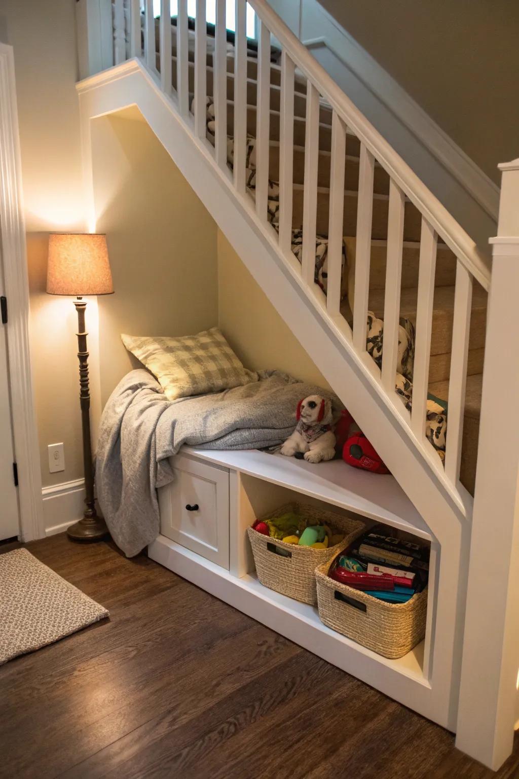 A charming pet hideaway under the stairs.