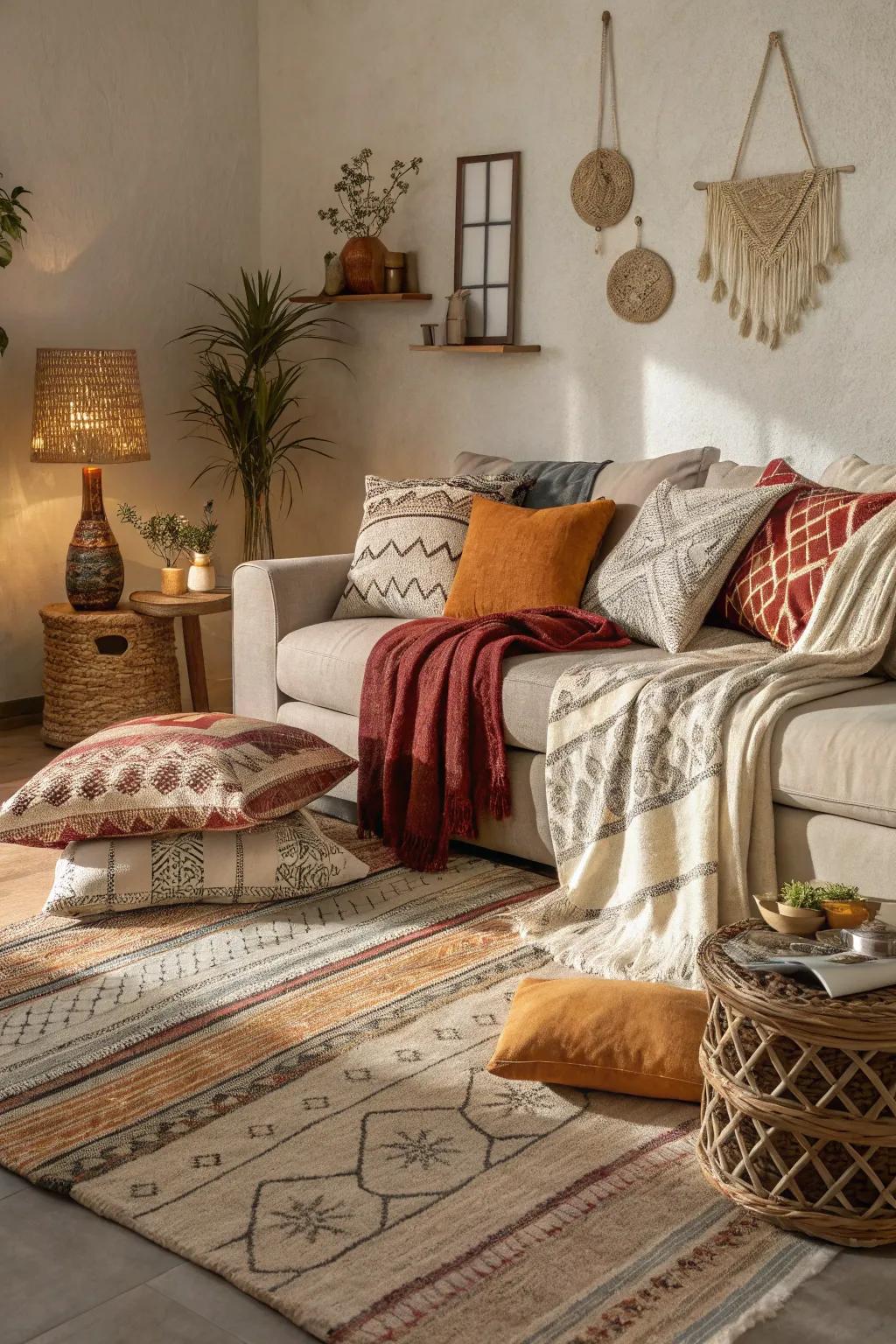 A living room rich in texture and color, offering a visually engaging experience.