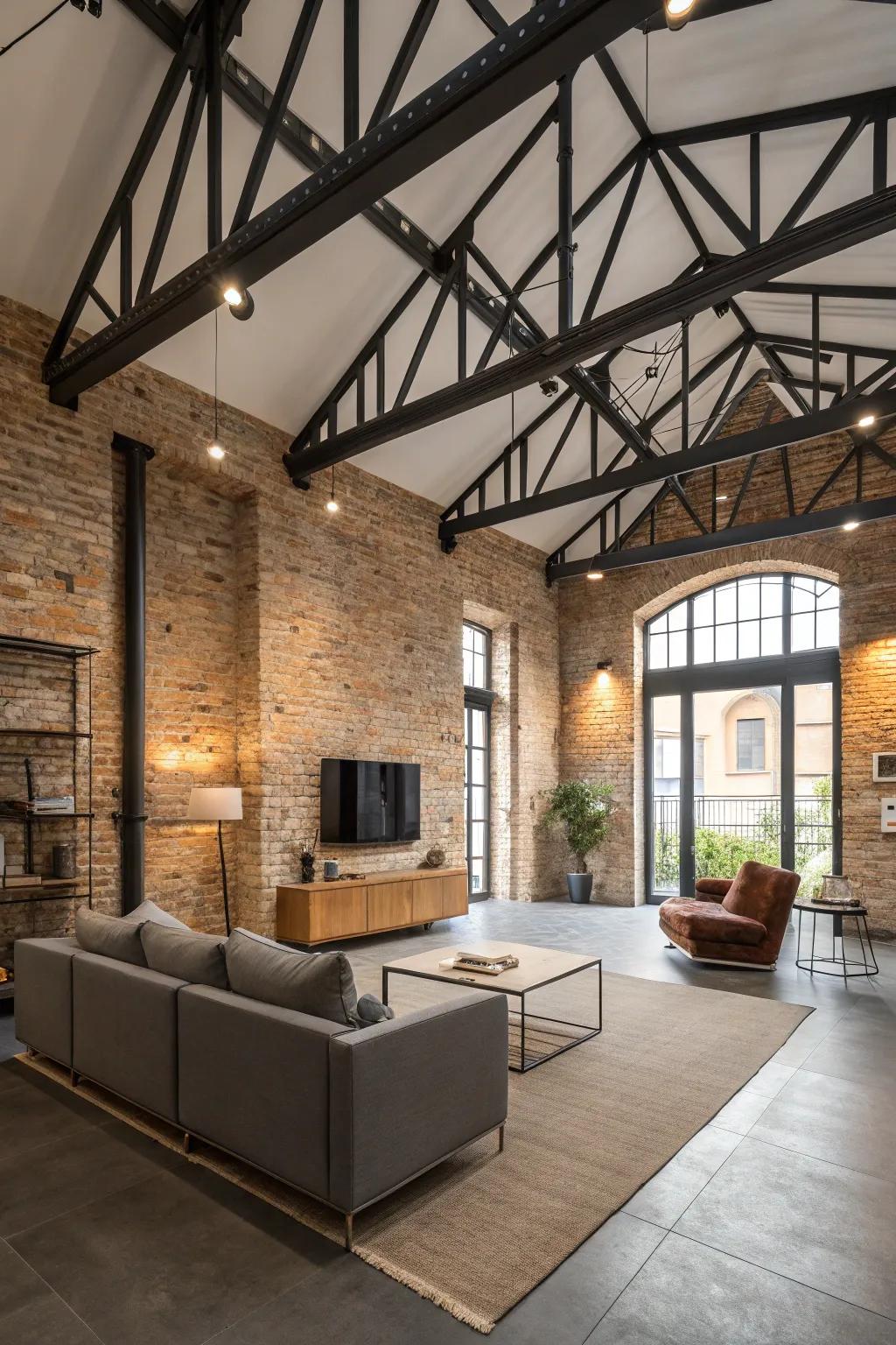 Industrial chic design featuring metal beams on a vaulted ceiling, perfect for urban lofts.