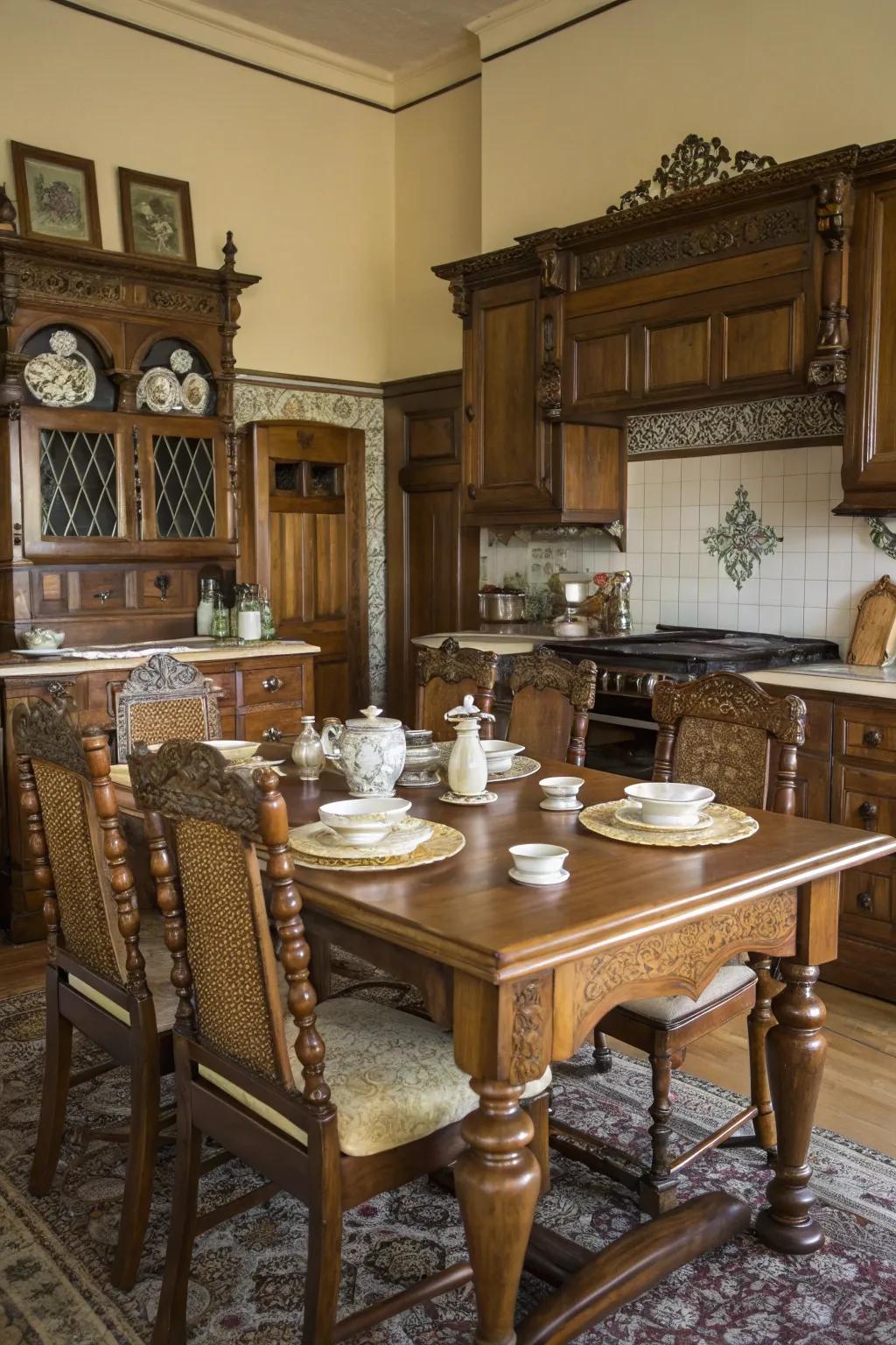 Vintage furniture adds splendor and utility to a Victorian kitchen.