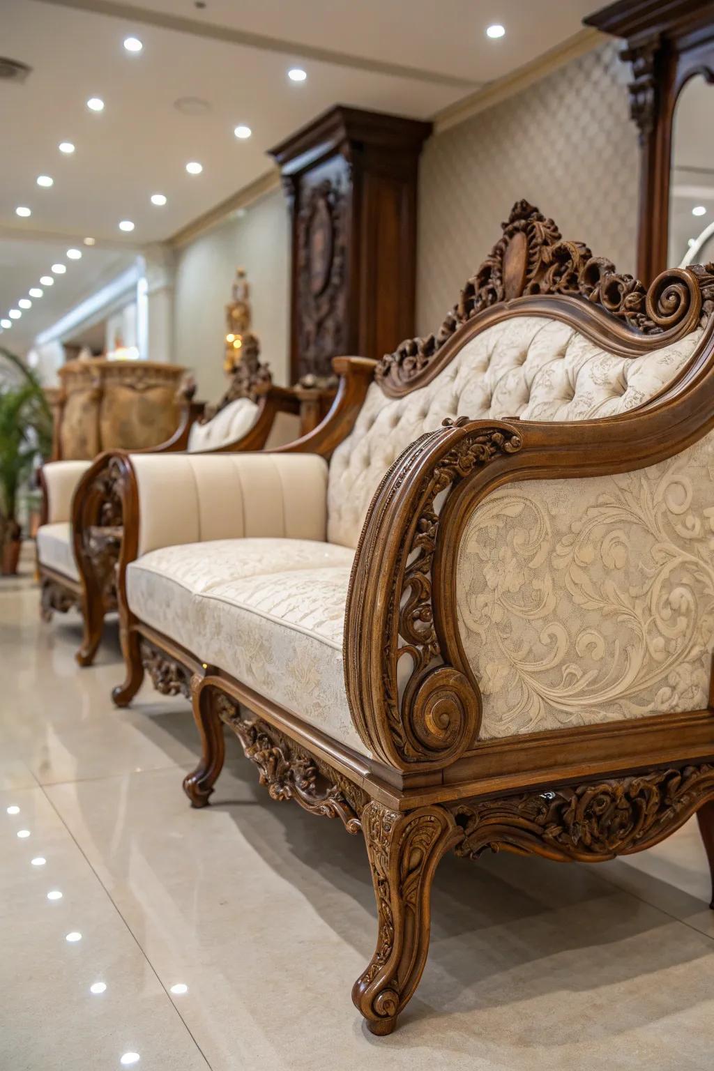 Ornate furniture with intricate carvings adds an artistic flair to the room.