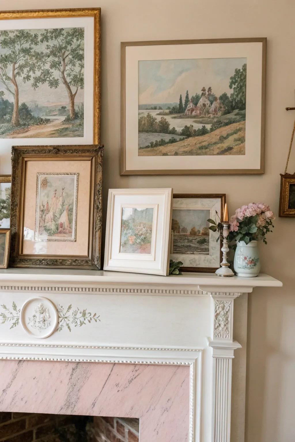 A piece of vintage artwork adds a touch of history to a curated mantel.