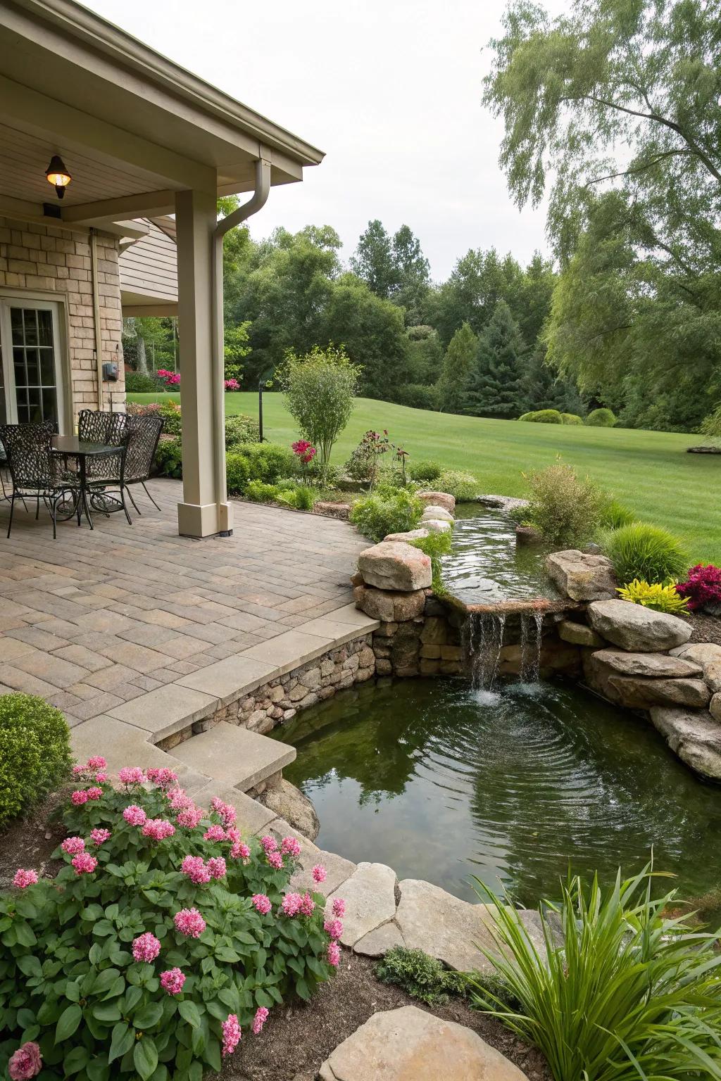 A serene walkout basement patio with a calming water feature.