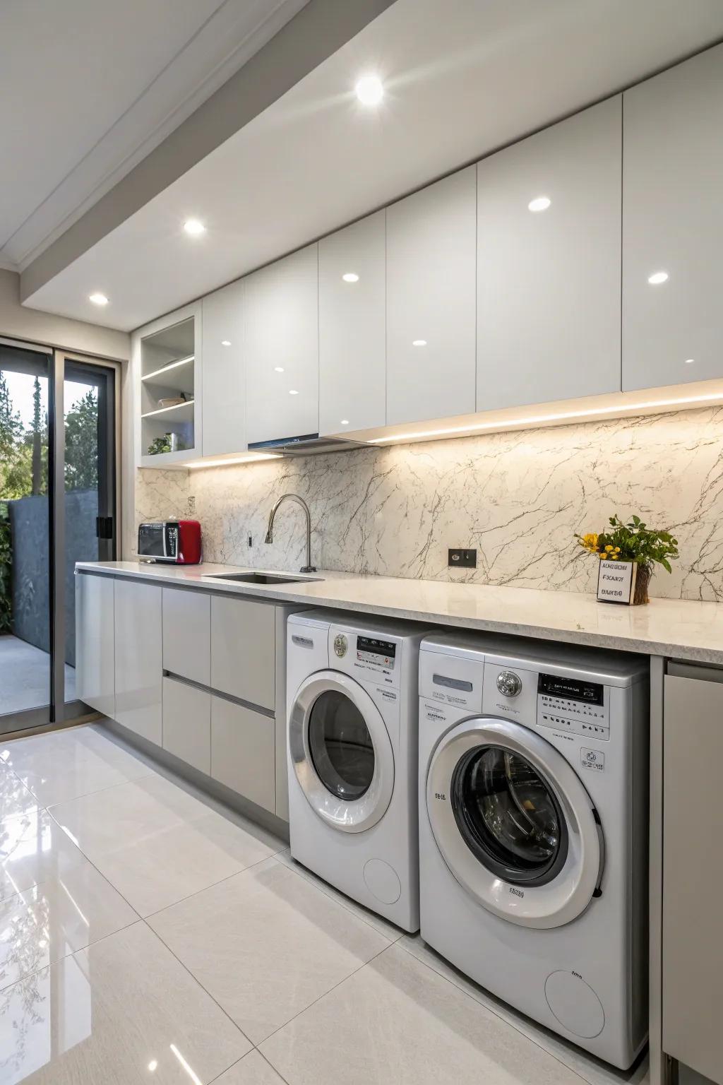 Washer and dryer cleverly concealed under a kitchen countertop.