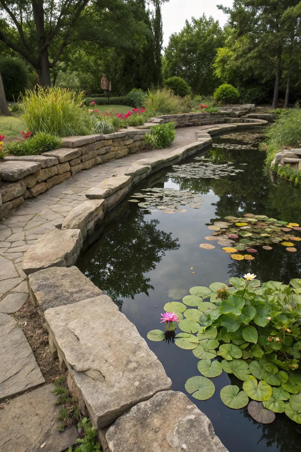 Native stones develop a smooth, natural water garden.