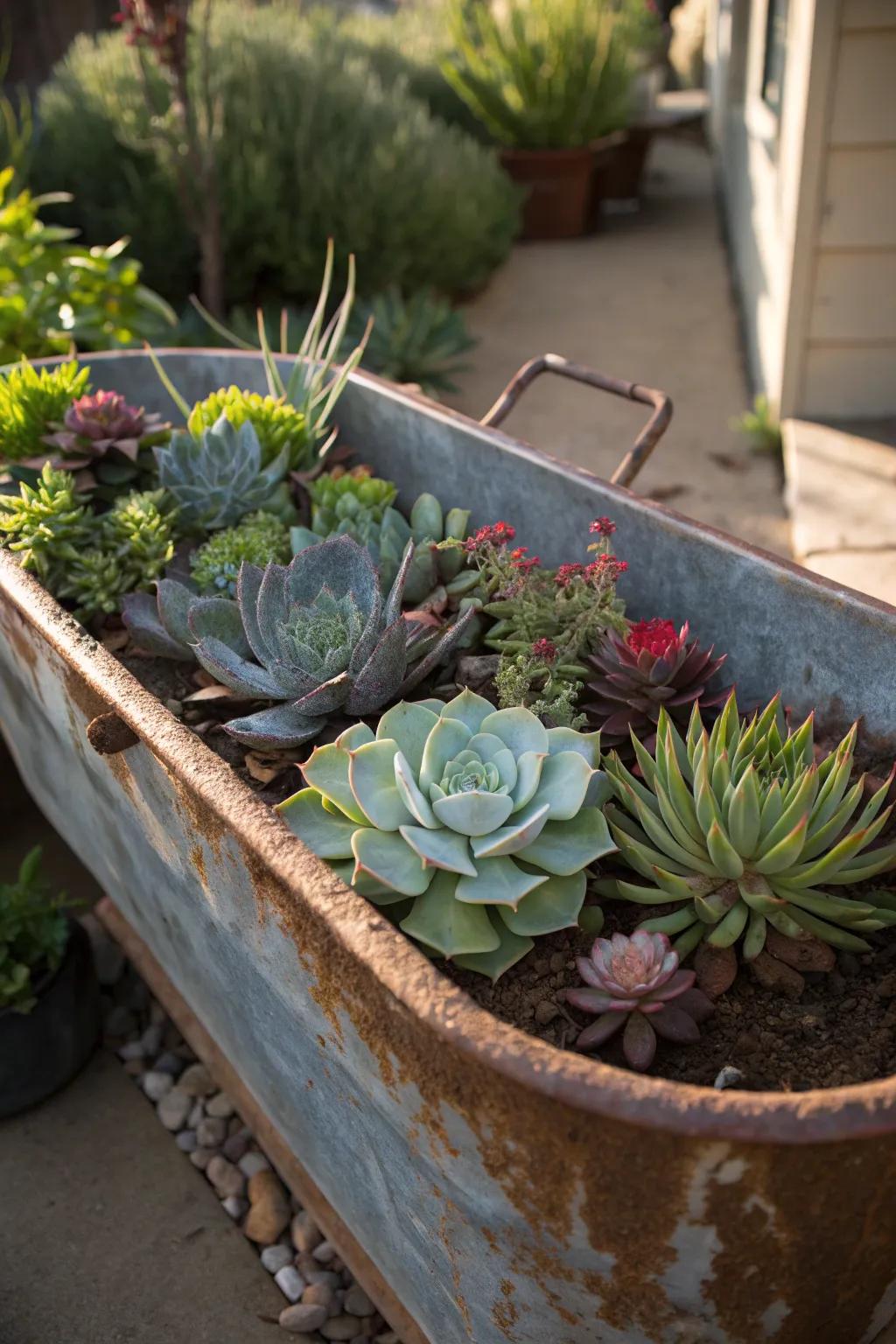 Transform your garden with a bold and low-maintenance succulent display in a rustic water trough.
