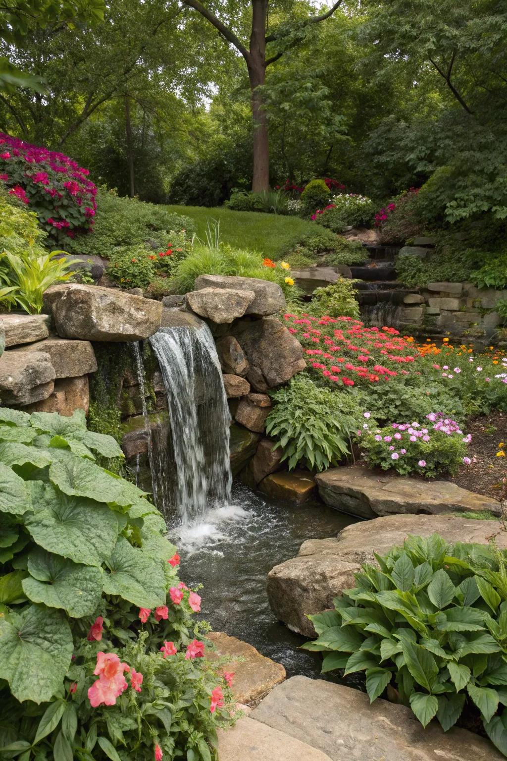 An orchestrated blend of stones, flora, and blossoms encircling a garden cascade.