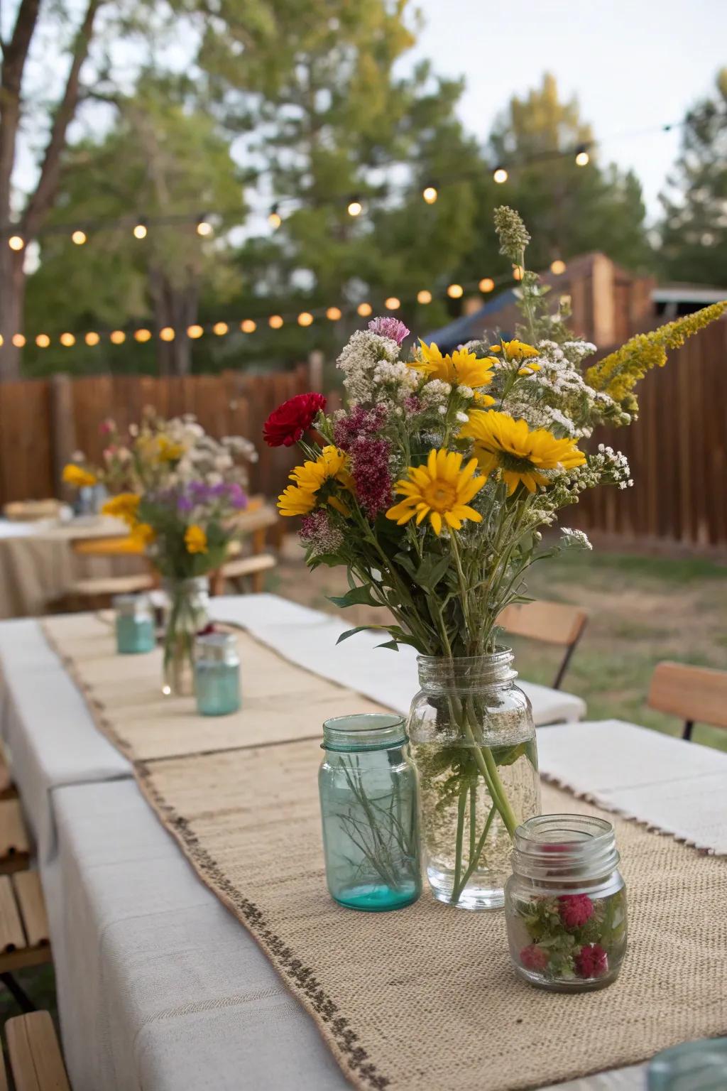Classic preserving jars overflowing with wildflowers for a countryside-inspired flourish
