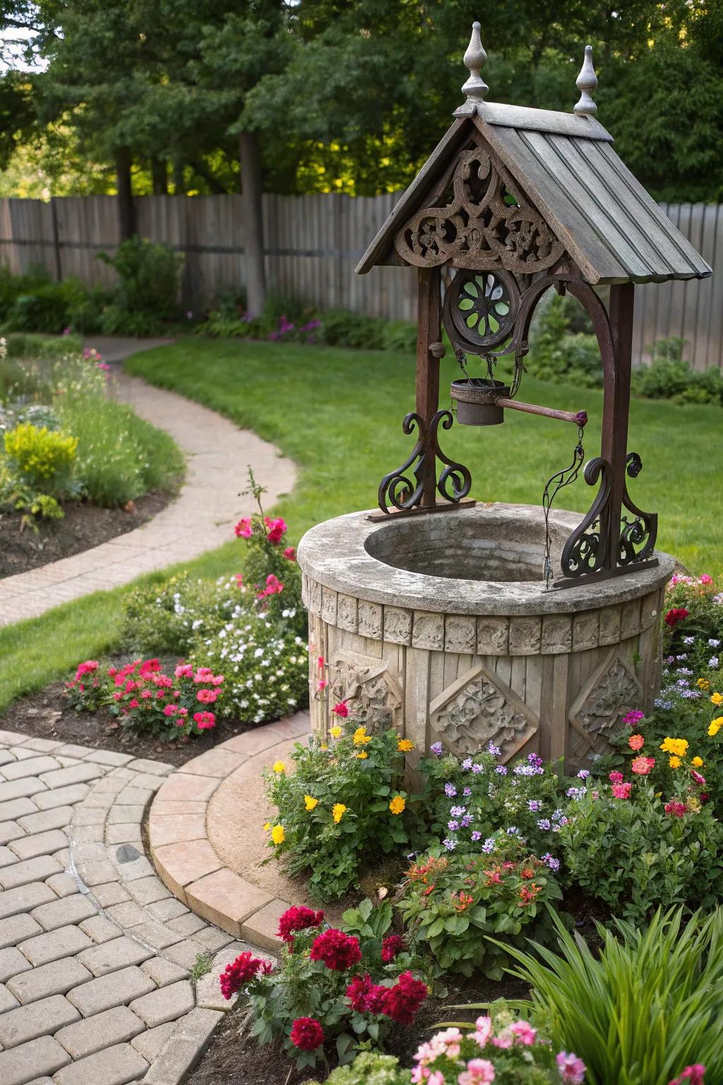 A well cover becomes a natural part of this vibrant flower bed.