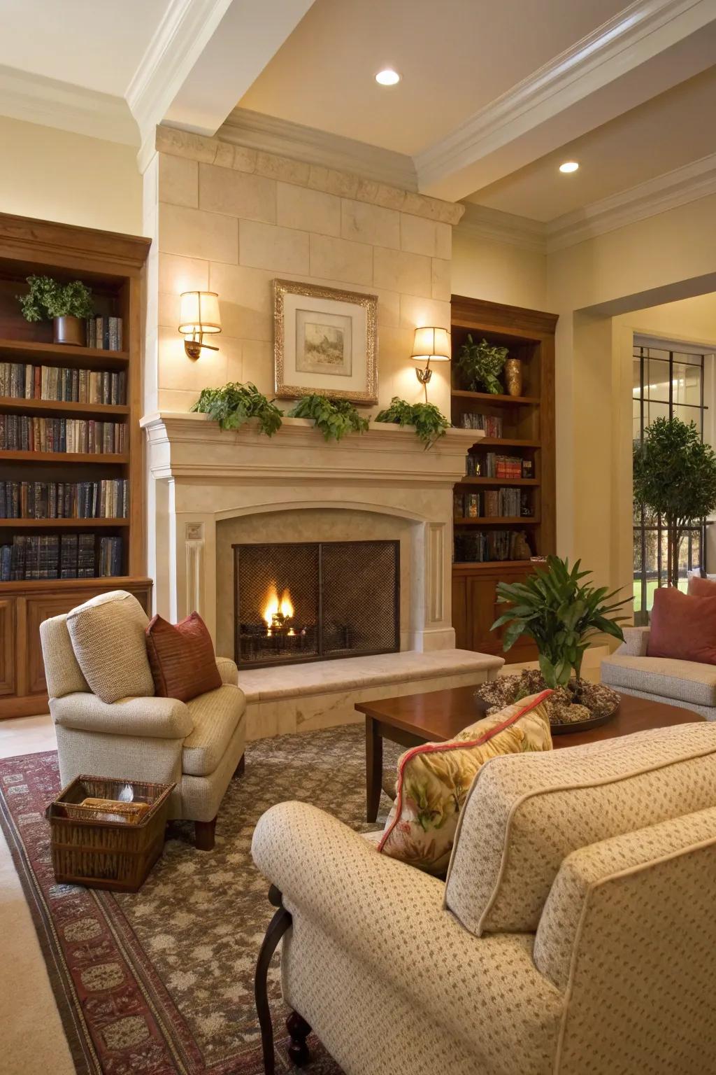 A warm beige fireplace adds a touch of coziness to this inviting living room.