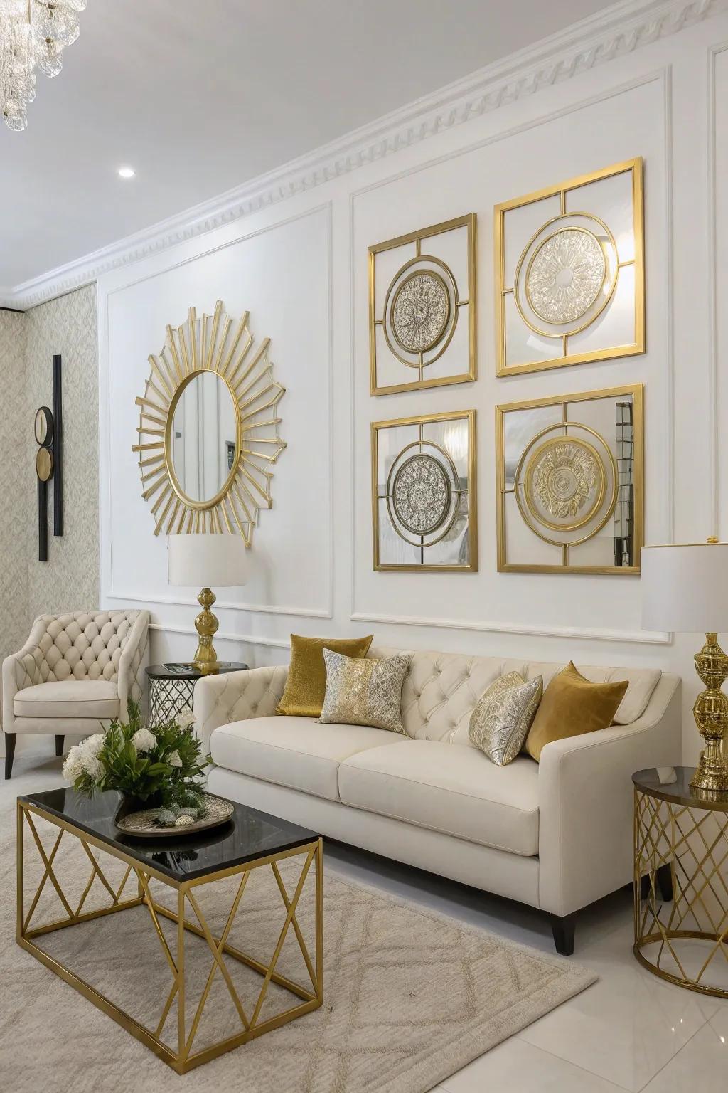 Artistic wall decor in gold and white creates a focal point in the room.