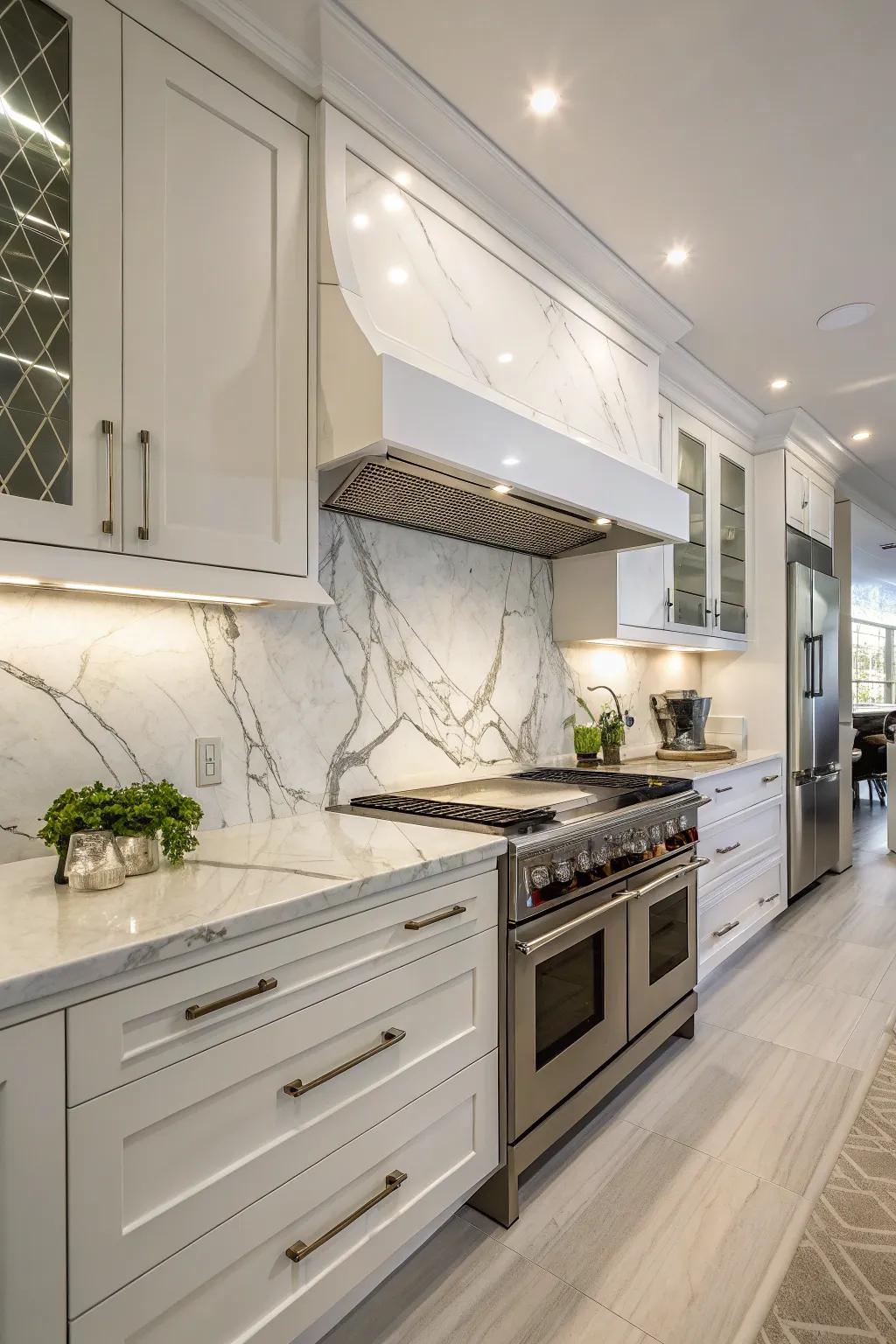 Refined white mineral-patterned backsplash adds a luxurious touch.