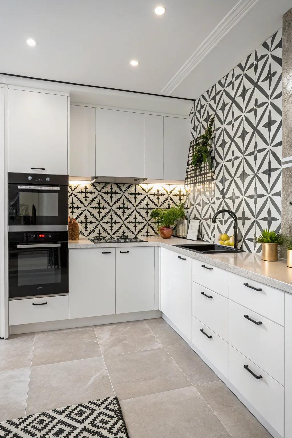 Geometric arrangements establishing a daring juxtaposition with white cabinets.