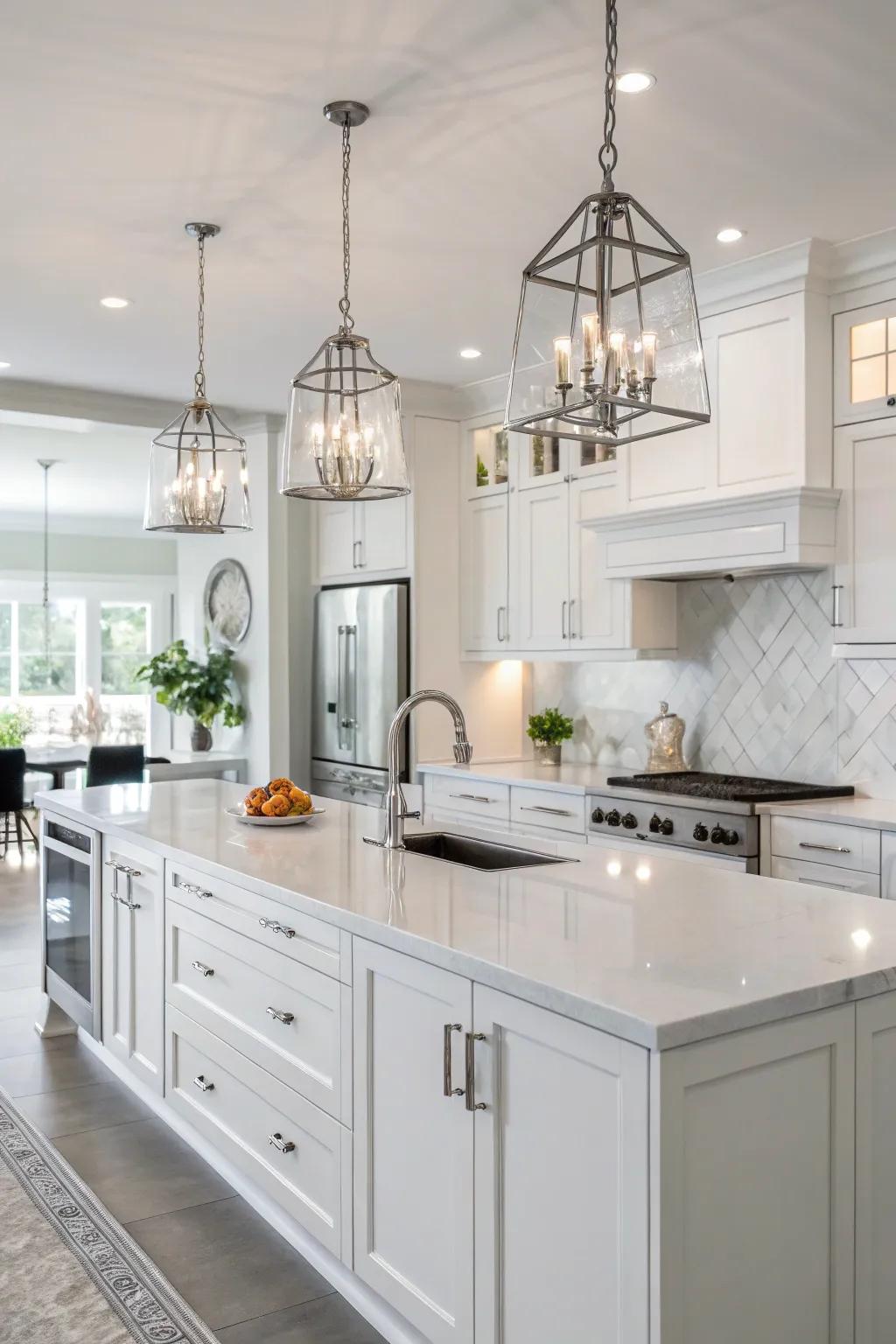 Lustrous white cabinets establish a sleek and modern aesthetic in this radiant kitchen.