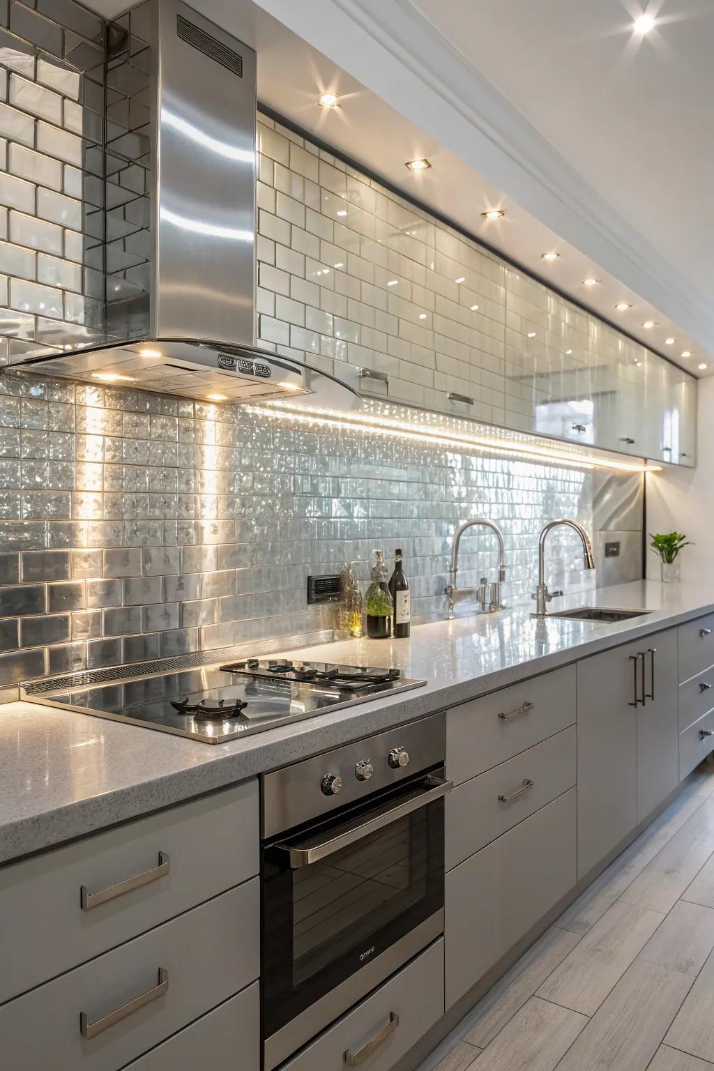 Glossy surfaces help distribute light evenly in a windowless kitchen, enhancing its luminosity.