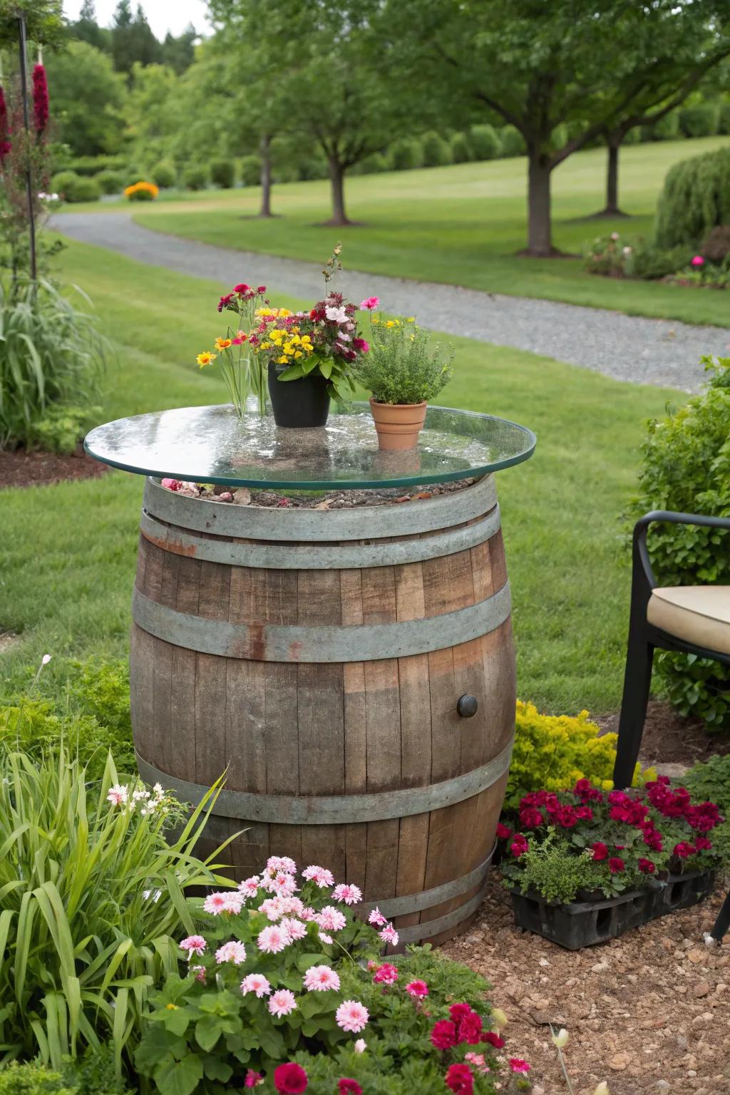 A wine barrel table that serves dual purposes.