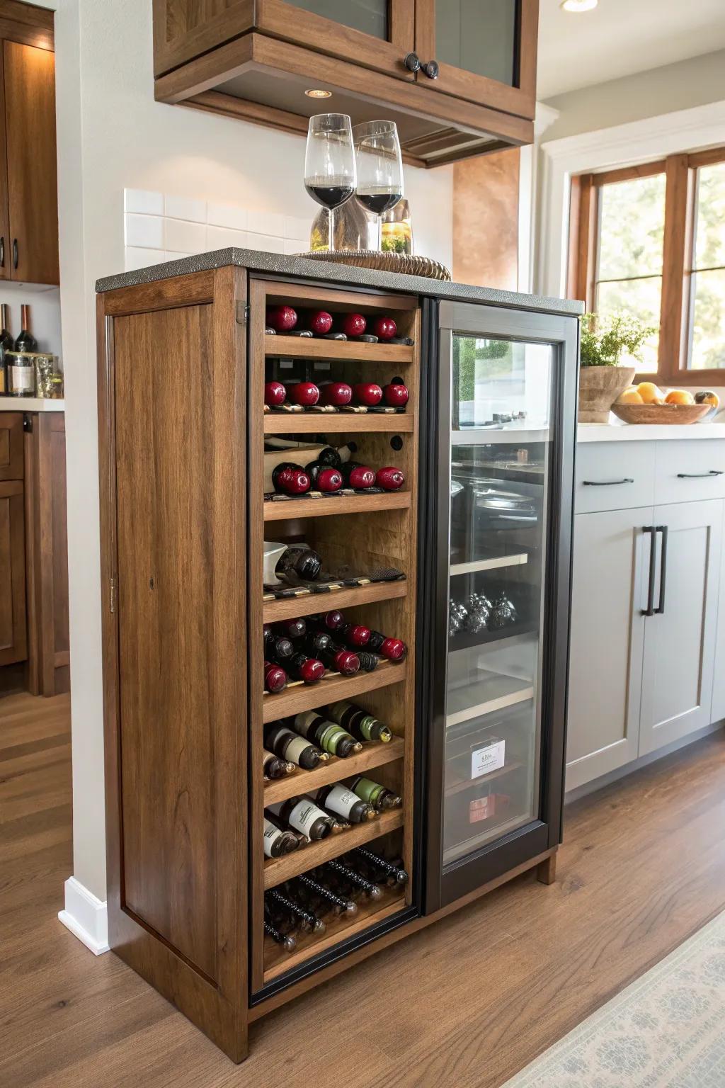 A compact wine cellar unit infuses sophistication and organization.