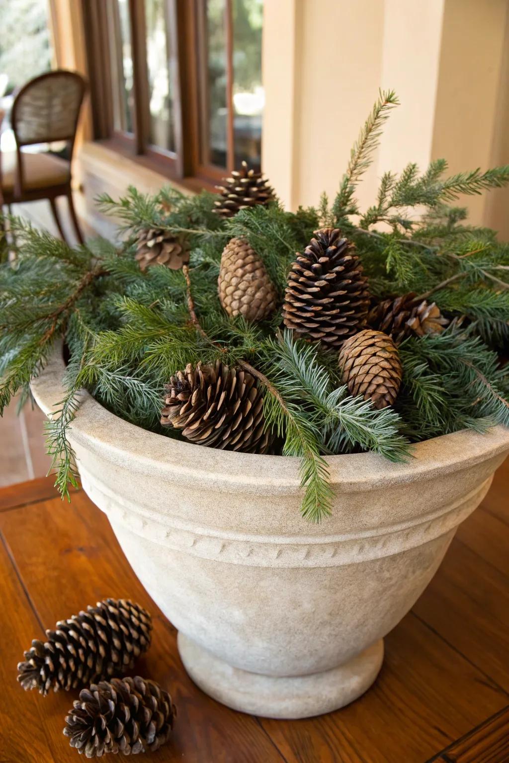 Pinecones enrich your winter planter designs with a countryside texture.