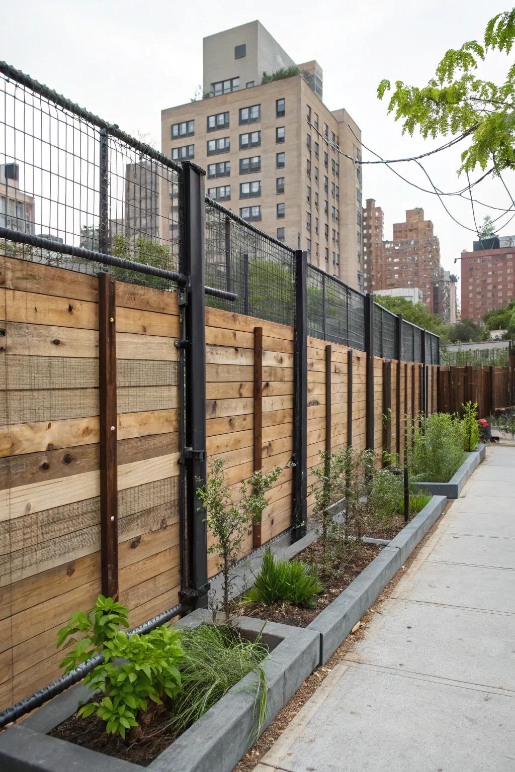 An industrially inspired fence featuring unprocessed timber and exposed metal.