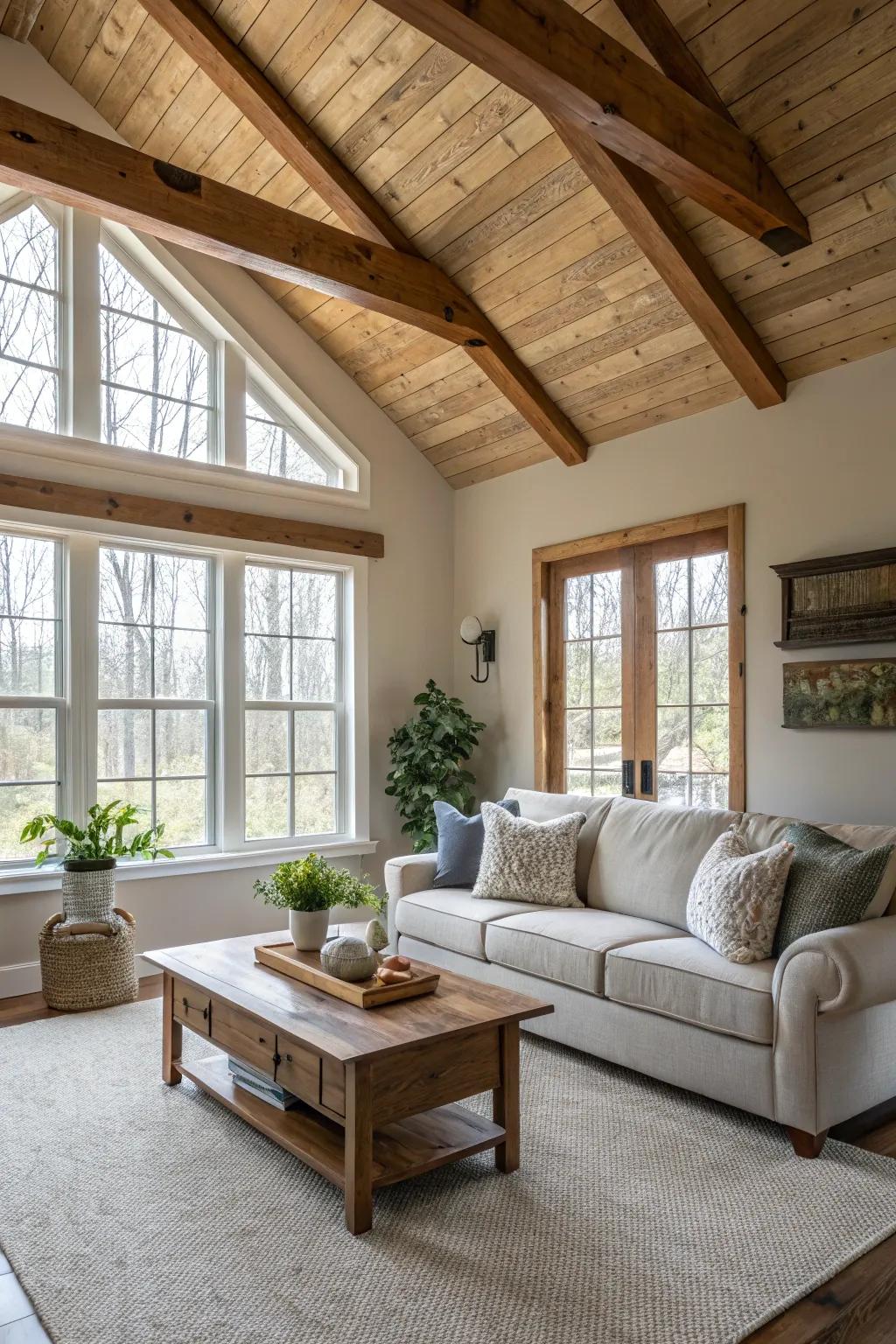 A serene living space featuring neutral hues and graceful wooden beams.