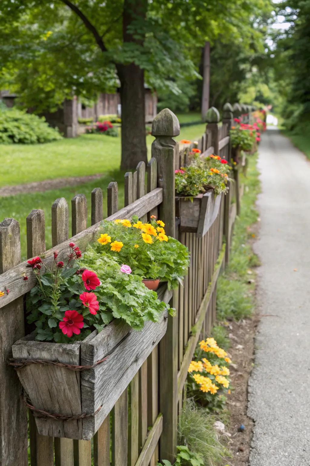 Integrated planters within a fence bring a burst of verdure to your outdoor layout.
