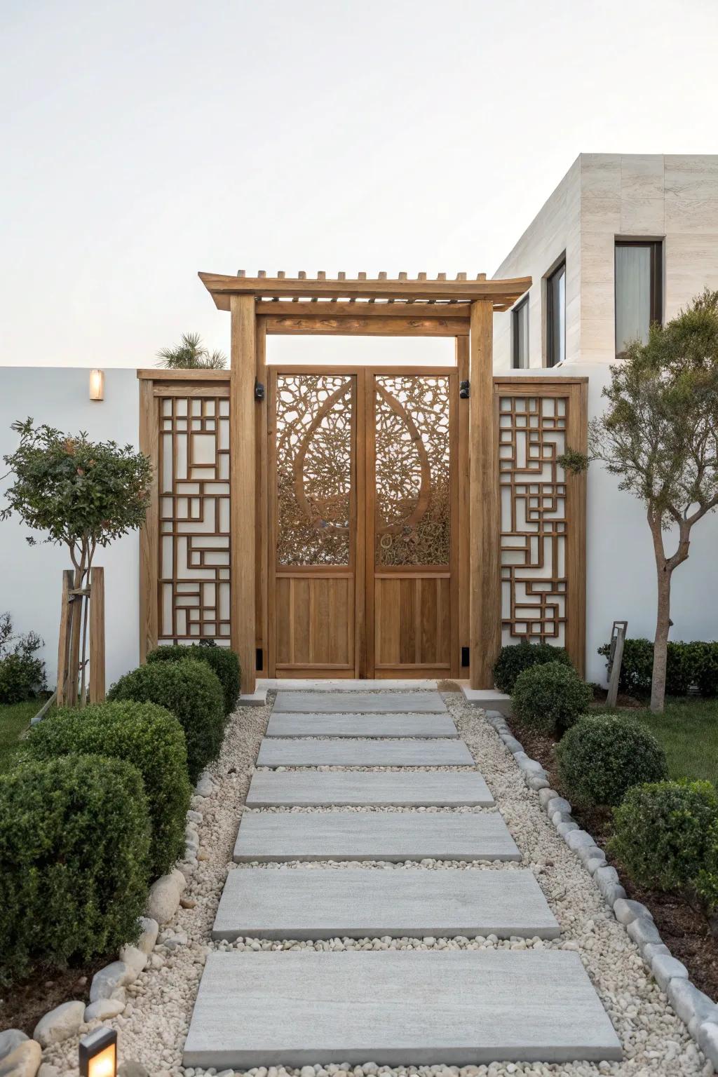 A geometric wood gate brings a modern edge to your garden.
