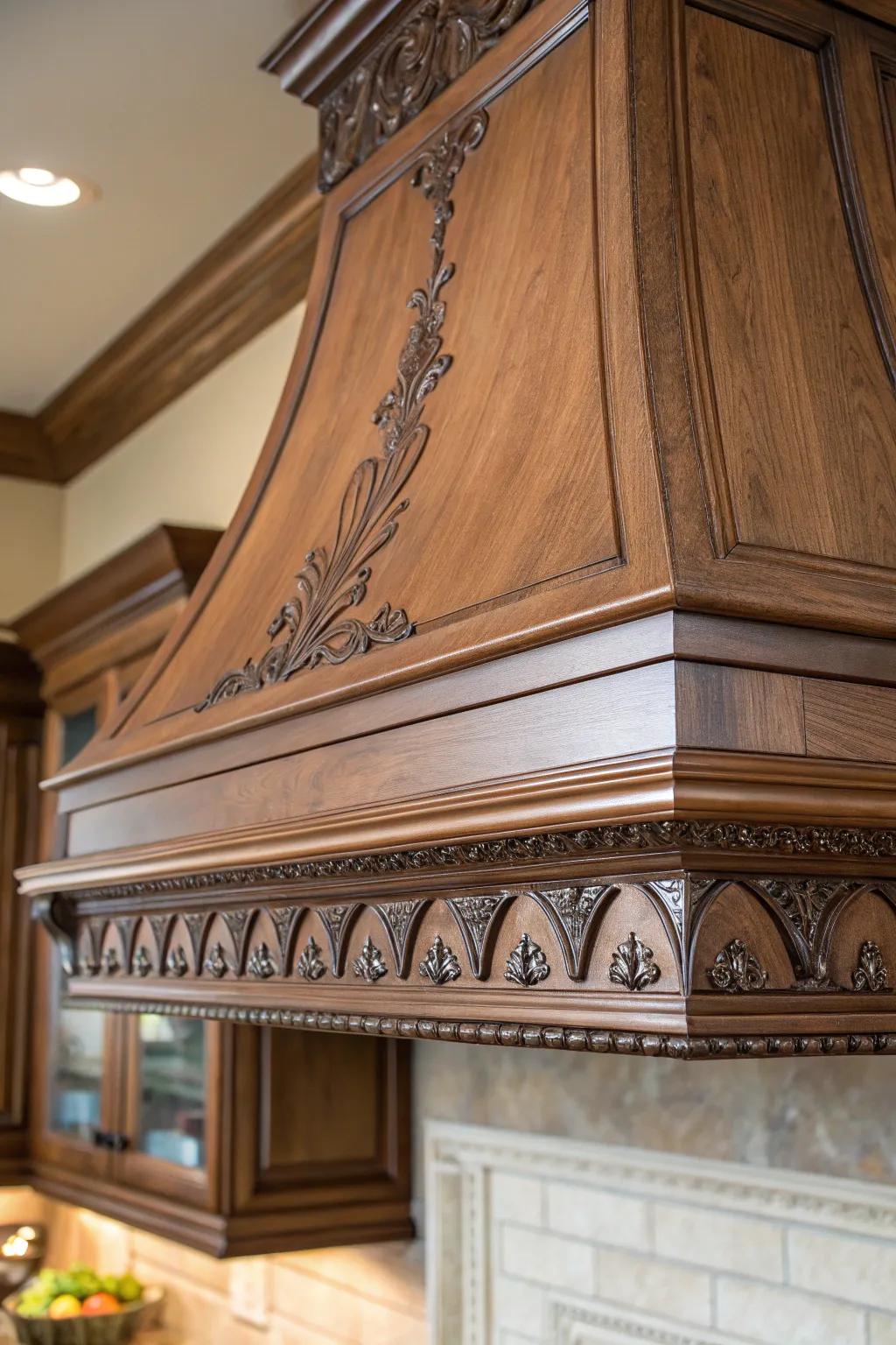 Delicate embellishments add elegance to wood range hoods.