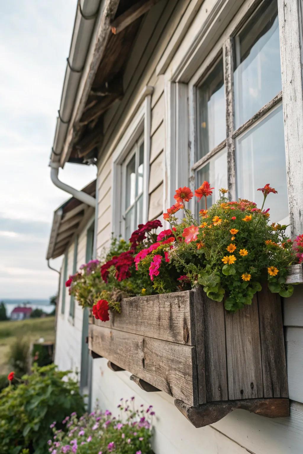 A charming rustic wooden window planter filled with vibrant blooms.