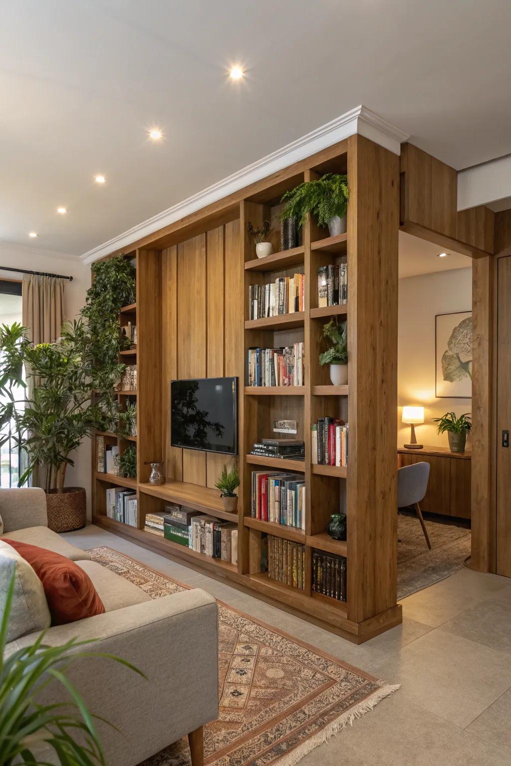 Integrated shelving in a wooden partition offers practical storage and stylish display.