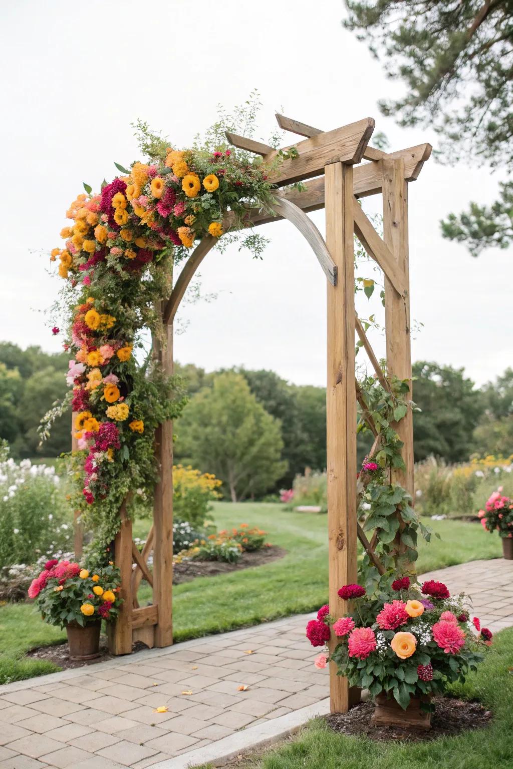 Seasonal flowers bring vibrant life to your wedding arch, infusing your space with color.