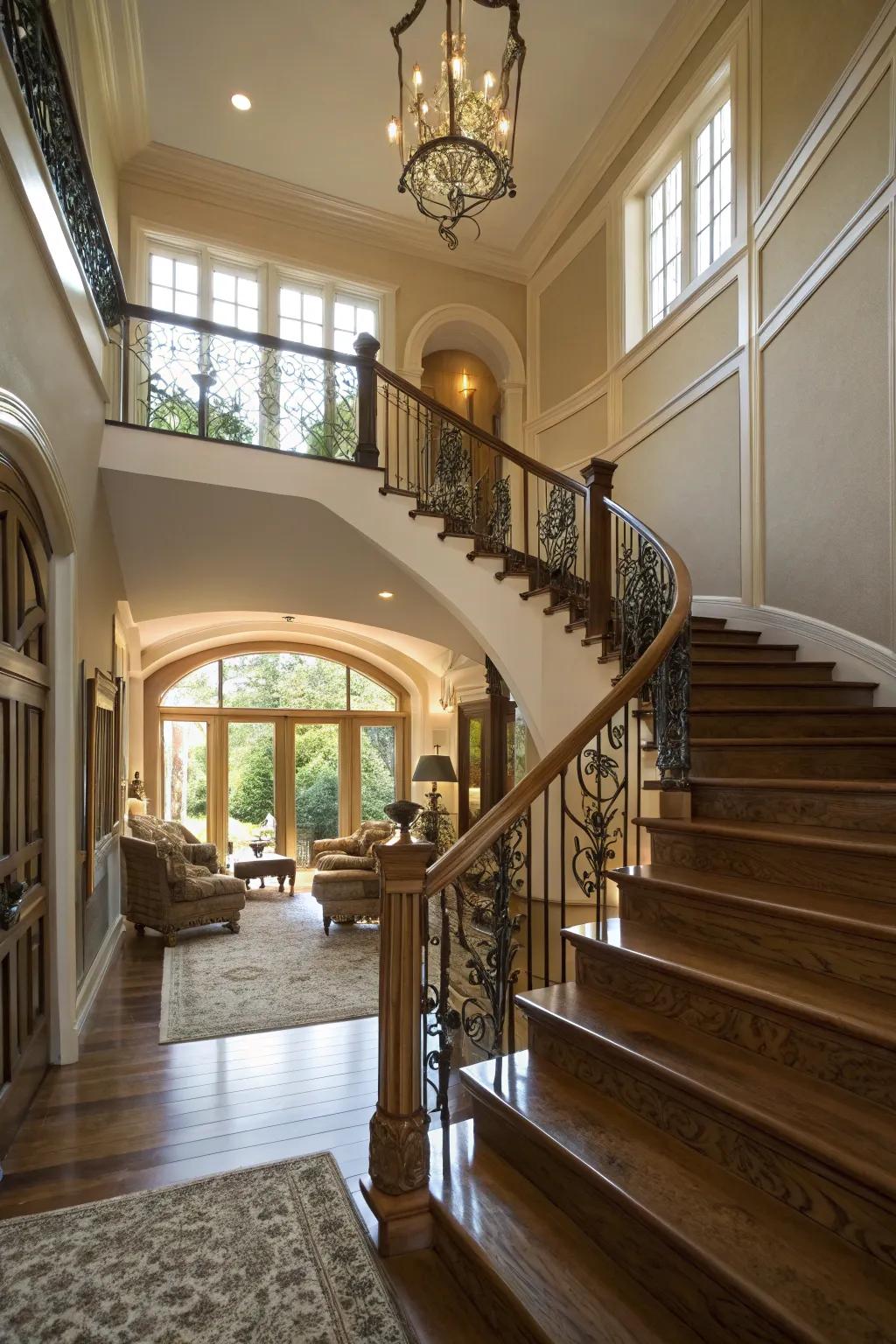 A stylish staircase is a center of attention in the living space.