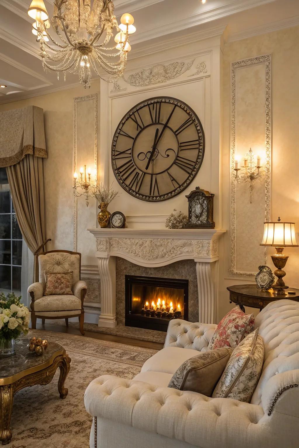 A large wall clock adds beauty and functionality above the fireplace.