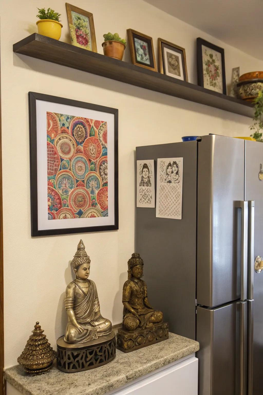 Artistic decor above the fridge adds a personal touch.