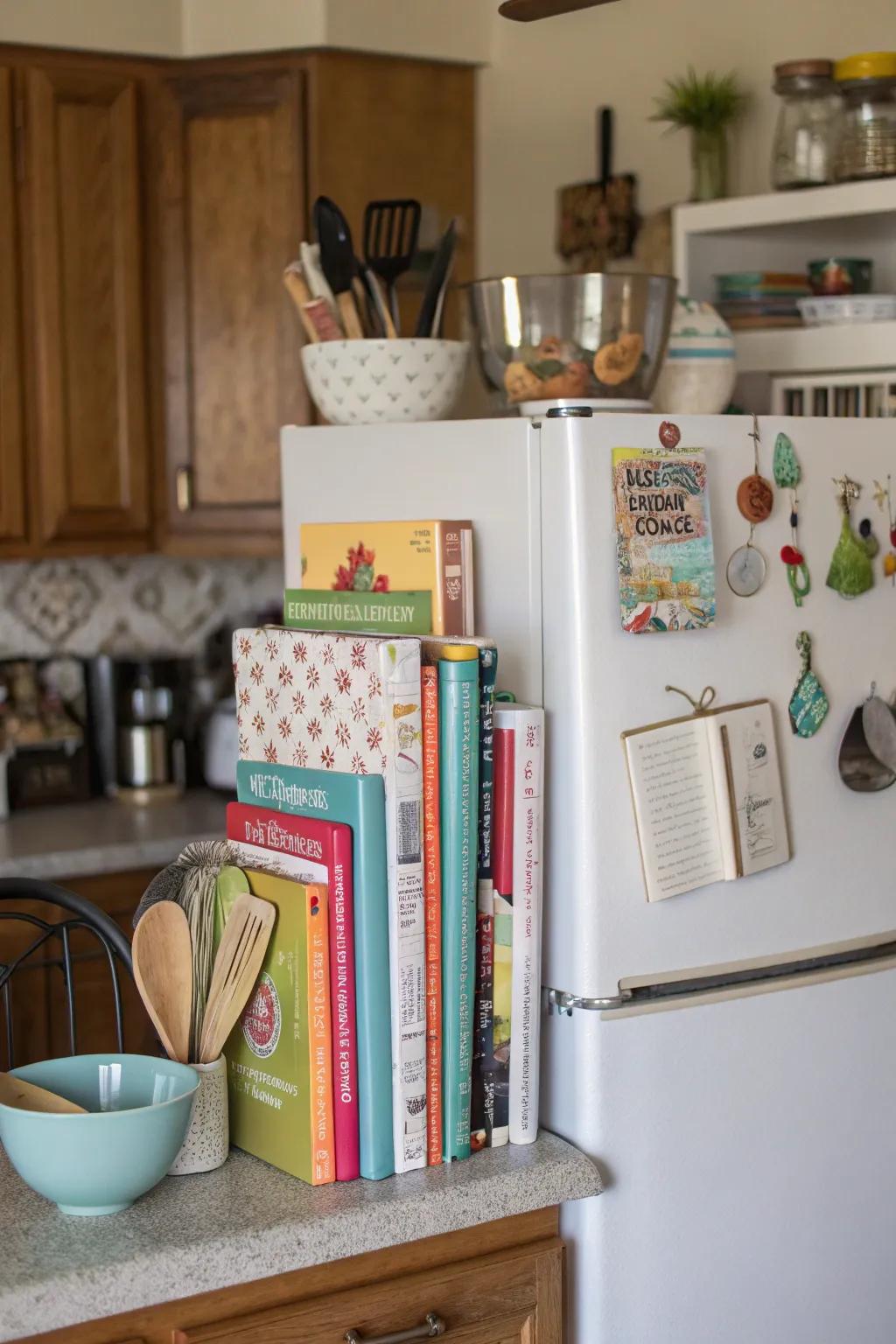 Blend style and practicality by showing off recipe books and tools.