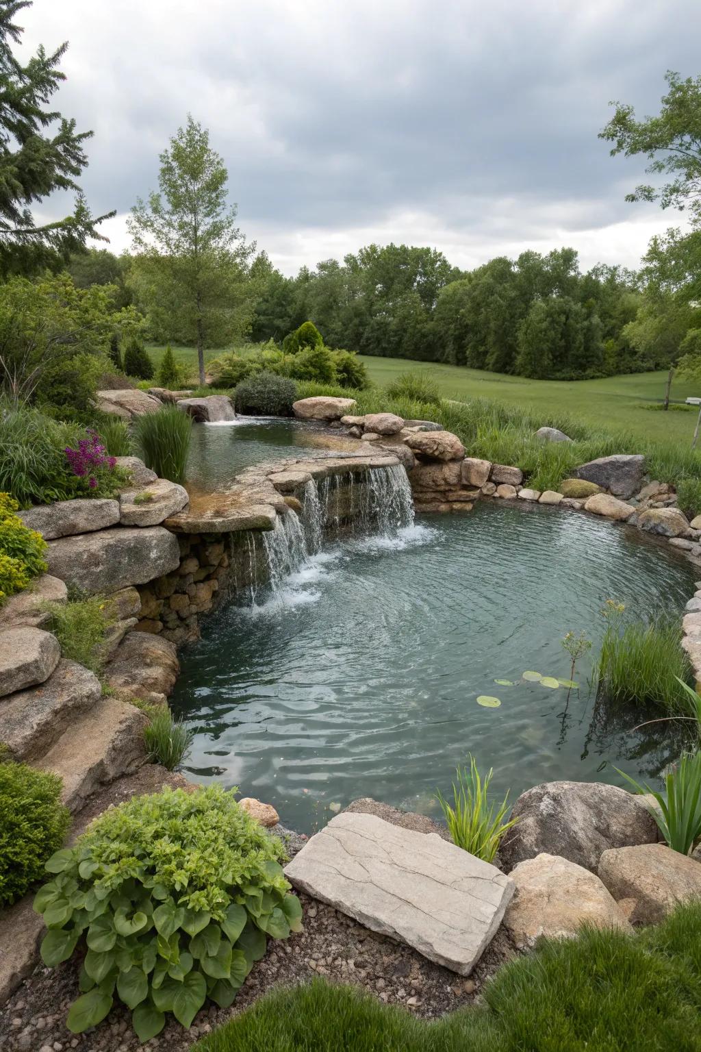 A captivating tiered waterfall design adds depth to this above-ground pond.