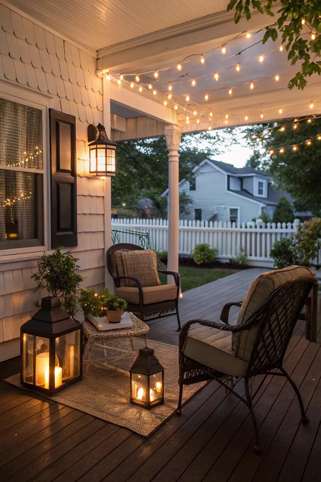 A warm and inviting porch with enchanting lighting.