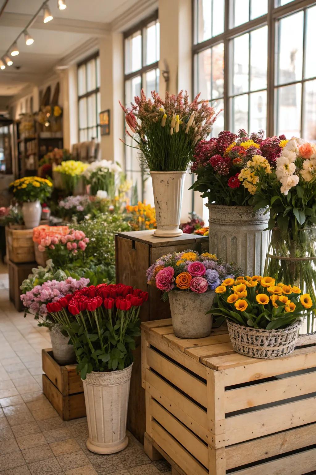 Vintage vases and crates used as flower displays
