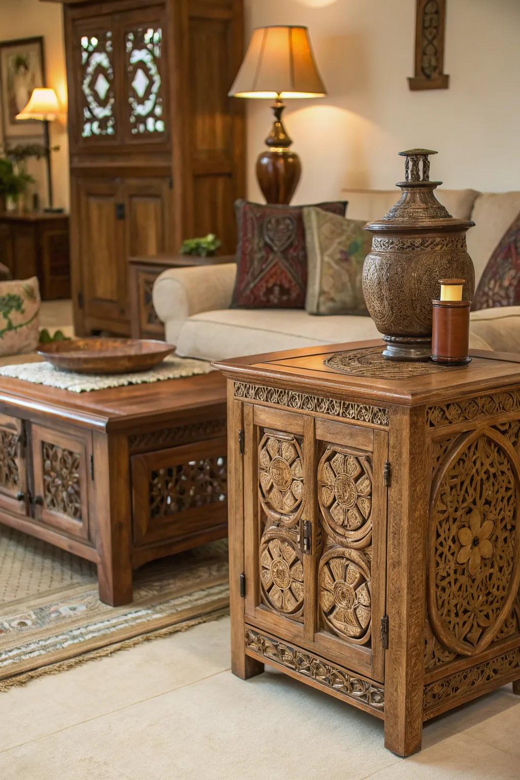 Intricately carved furniture adds elegance and history to your living room.