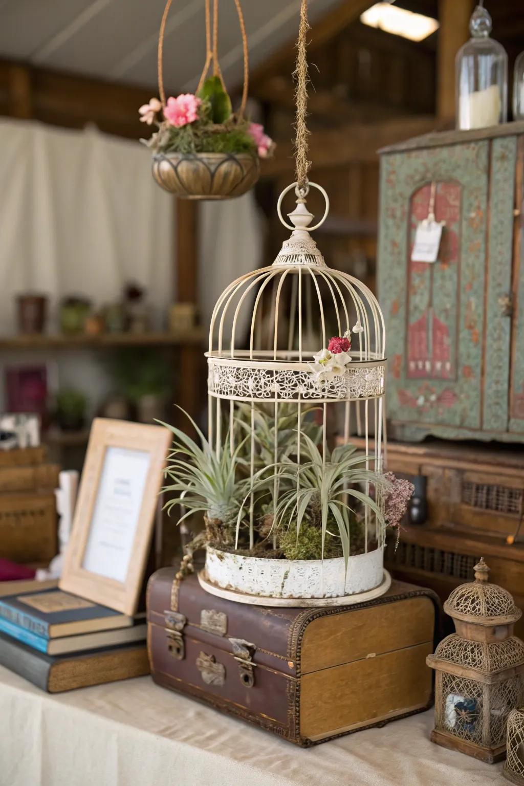 Birdcages contribute a whimsical flair to air plant displays.
