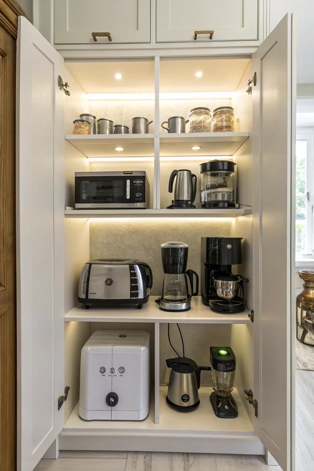 Built-in lighting within cabinets enhances visibility and introduces a sophisticated feel.