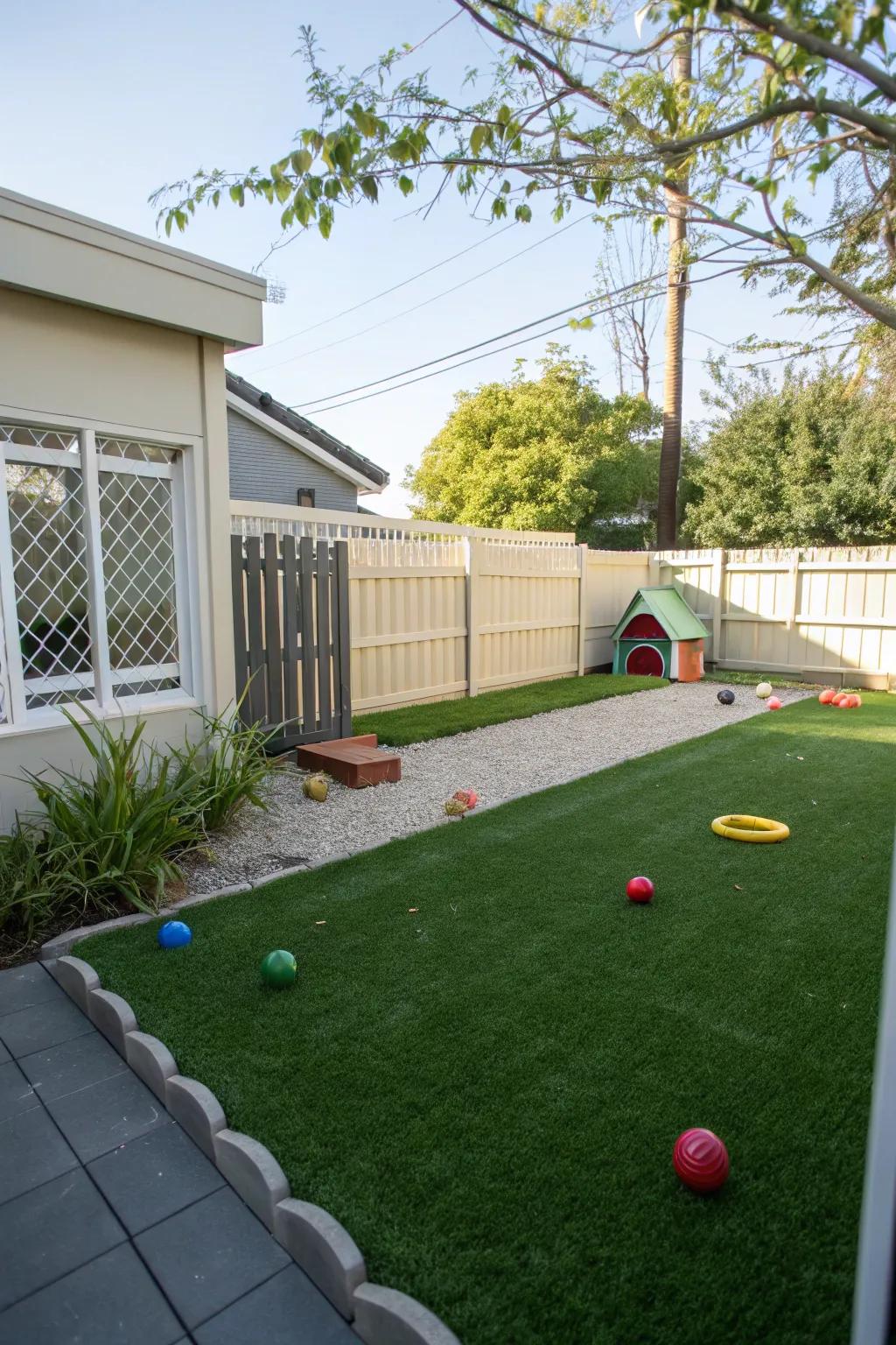 A cozy mini dog park with lush artificial grass.