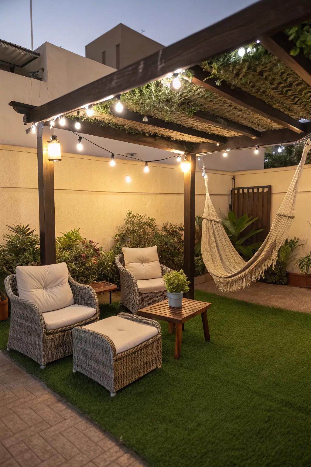 Chill out in style with a cozy seating area set on synthetic turf.